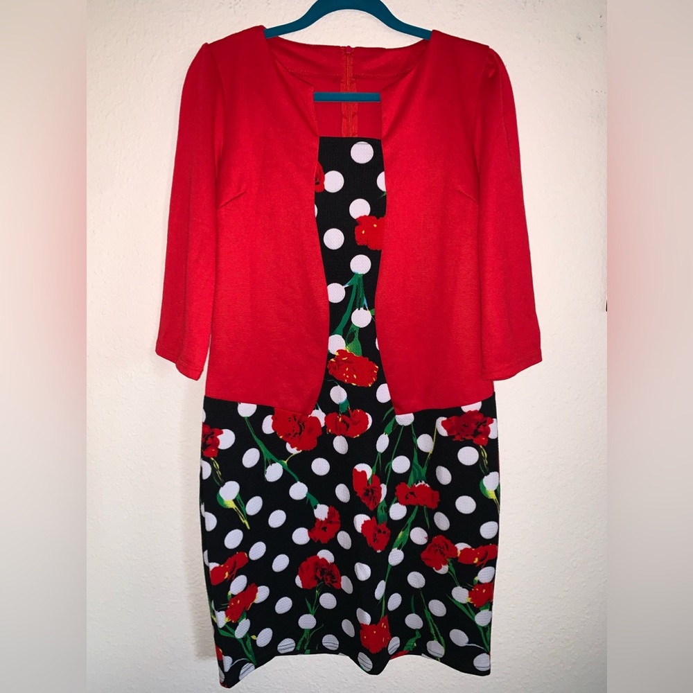 NWOT Faux 2 Piece Floral Polka Dot Spring Dress